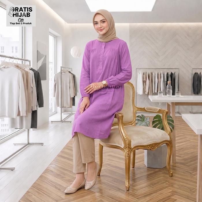 Baju Atasan Wanita Tunik Jumbo Kemeja Muslim Lengan Panjang Warna Ungu Muda Trendy Dewasa Rayon Katu