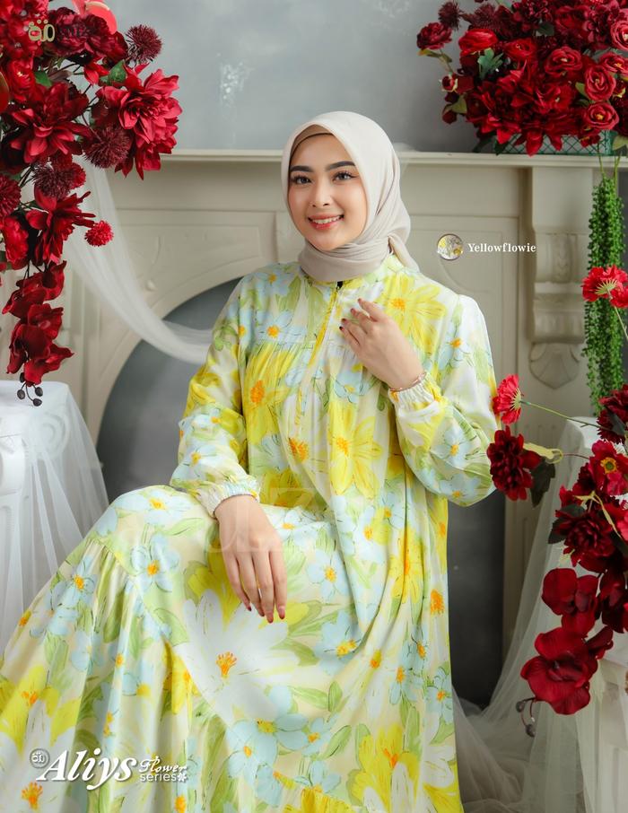 Guze - Gamis Rayon Print Motif Premium Flower Lemon Standart dan Jumbo Model Mayung Aliys Series