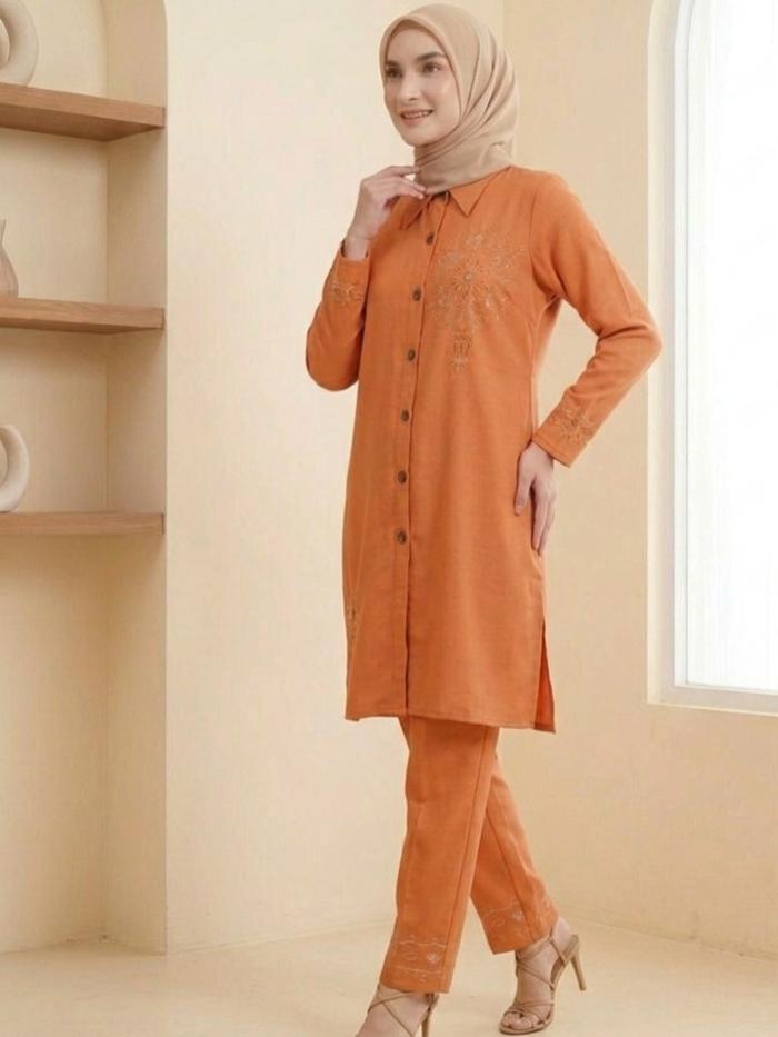 Setelan Tunik Bordir Premium Wanita Muslimah | Tunik Panjang Elegan + Celana