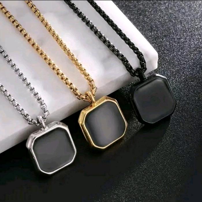 Kalung Rolo Model Liontin Kotak Hitam Titanium Pria dan Wanita Aksesoris Elegan Hadiah Couple rantai