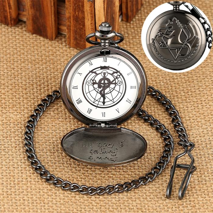 IMPORT Vintage Black Fullmetal Alchemist Quartz Pocket Watch Steampunk Popular Edward Elric Necklace