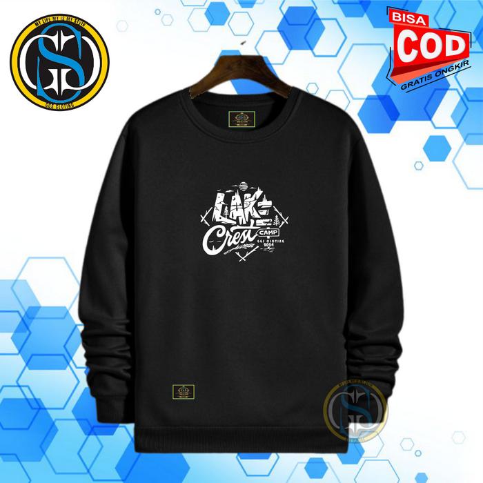 Sweatshrit Jaket Crewneck Pria Wanita warna Hitam Motif Camp GGS Bahan Katun Fleece Tebal adem Terba