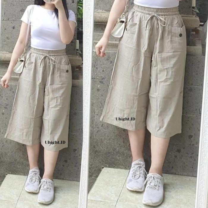 Celana Kulot Alena 7/8 Kekinian Bahan Linen Crinkle Celana Pendek Nyaman full karet Standar Shorts -