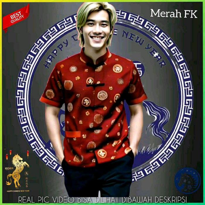 TM01299 Kemeja Imlek Baju Cina Pria Atasan Cheongsam Go Xi Fa Cai Laki Laki Chun Jie Merah FK