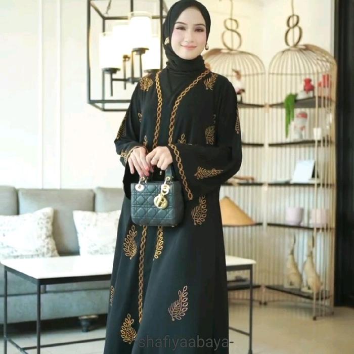 Abaya turki hitam bahan jetblack motif daun emas dan daun hitam Payet tembak