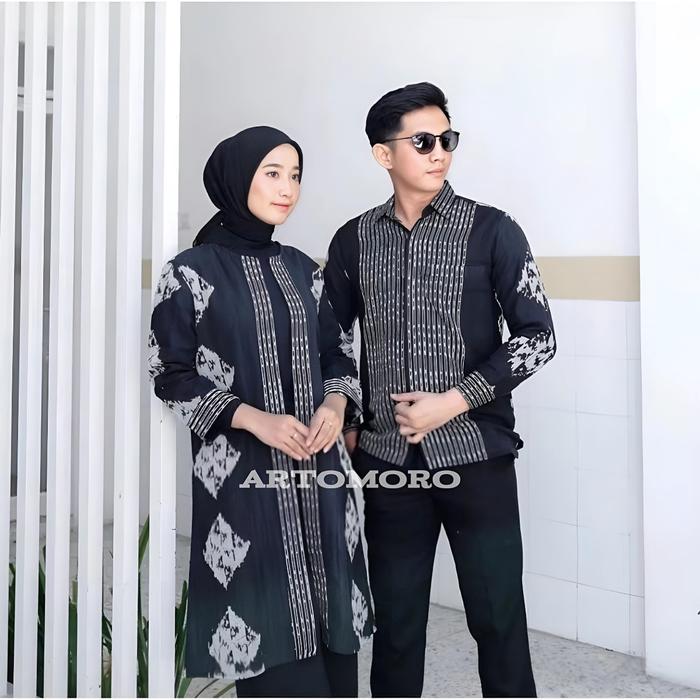 Set pakaian couple tenun couple pasangan baju batik tenun outher hitam toraja dan kemeja hitam Toraj