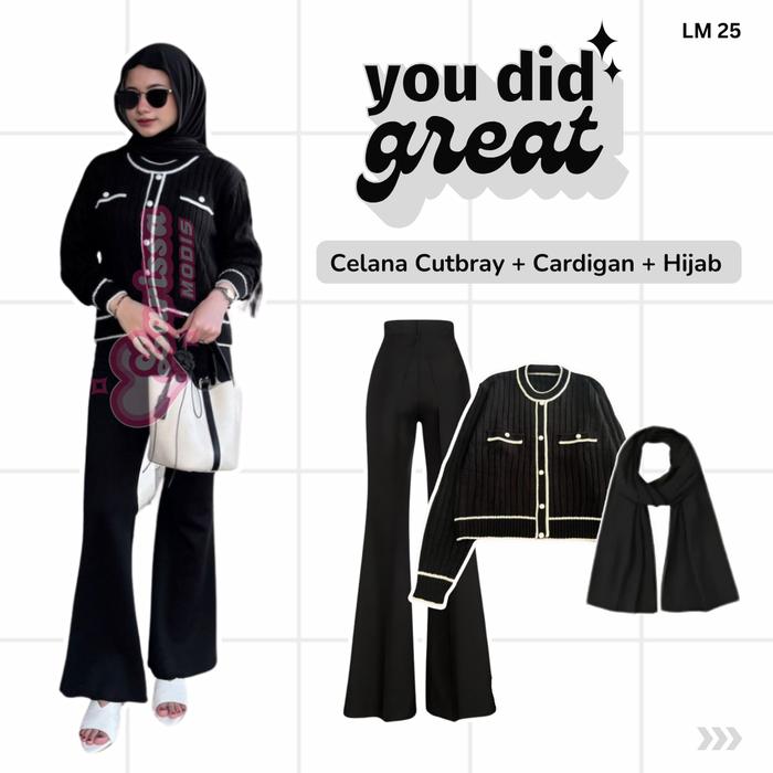 One Set Outfit Wanita Atasan Blouse Rajut Korean Bawahan Celana Cutbray Scuba Jilbab Pashmina Ceruty