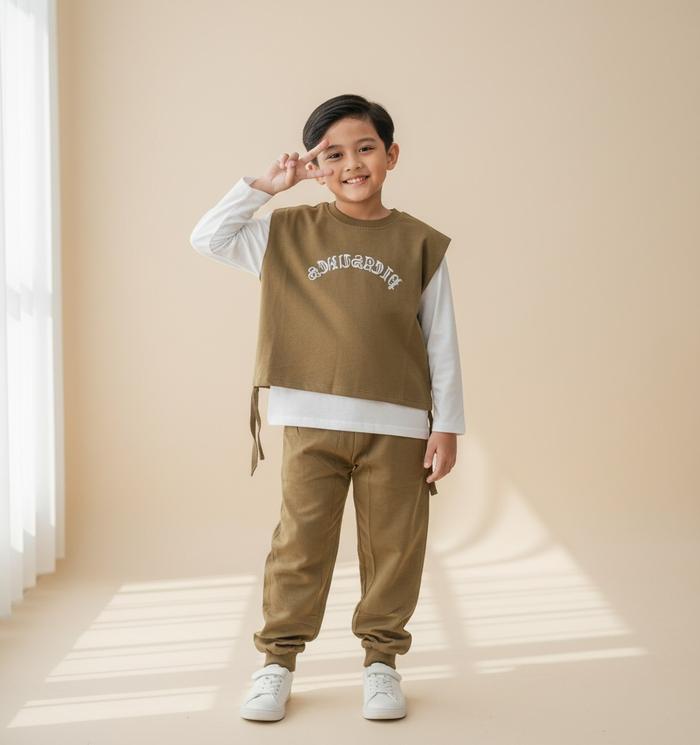 HARUTO BOY SET Baju Anak Laki laki Setelan Casual 3in1 Atasan Sweater Lengan Panjang Vest Celana Jog
