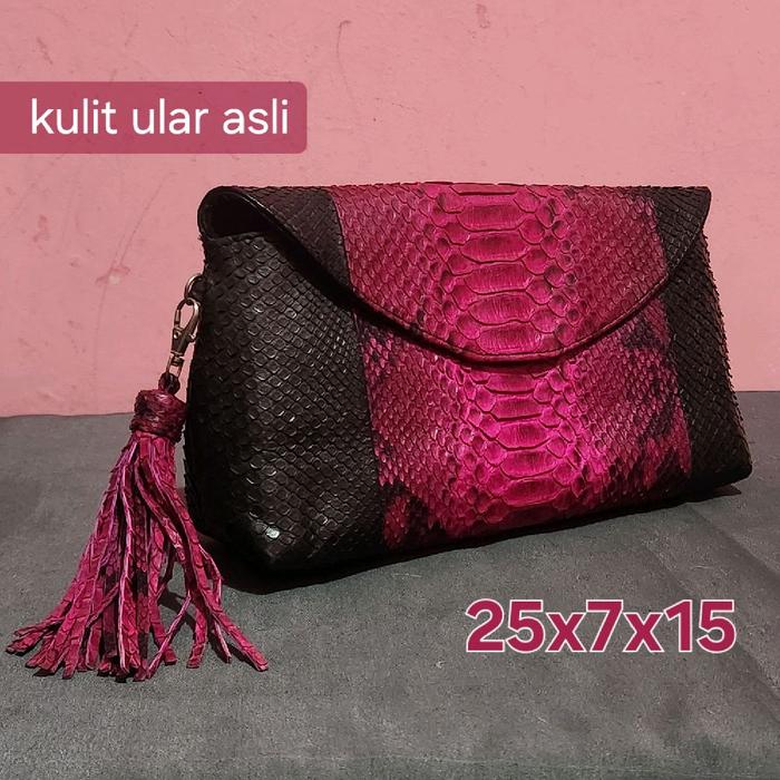 Preloved Tas Slingbag Pouch/Dompet HP Pesta Kulit Sisik Reptil Ular Asli (Kulas) Hitam-Pink/Ungu Fuc