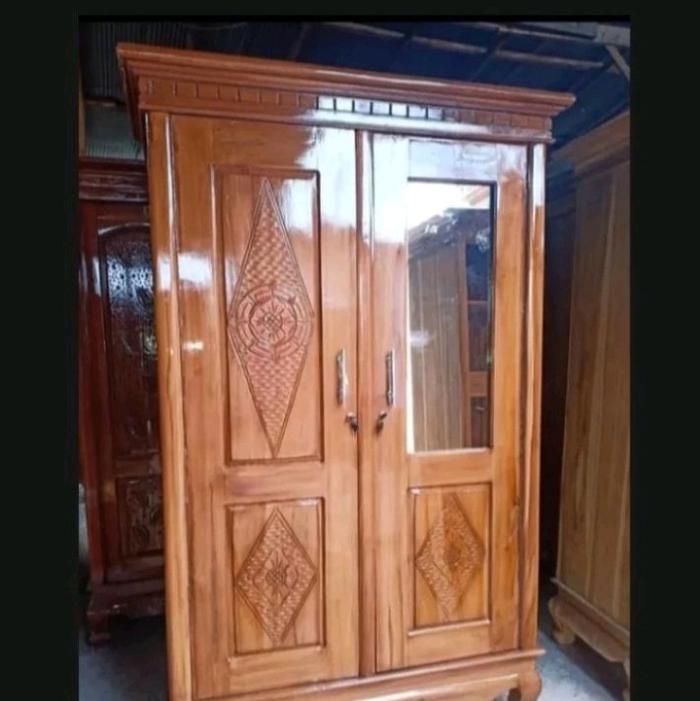 lemari pakaian pintu kaca 2 jati asli elegan
