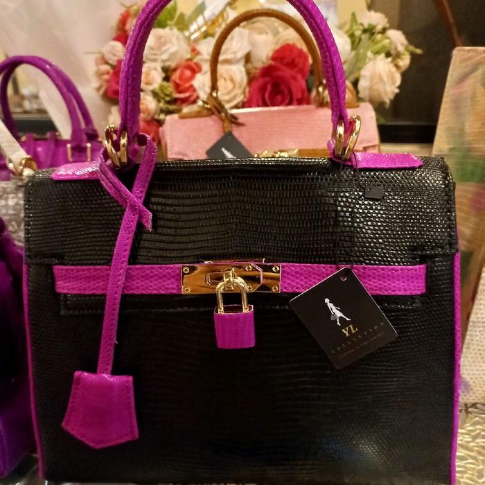 YL Collection Bag Kulit Asli Lizard  | Kelly bag Hitam x Fuchsia & Pink Blush x Tan Premium