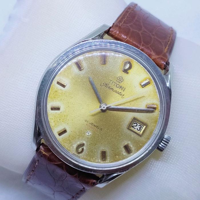 Titoni Airmaster 21jewels titoflex hand winding swissmade vintage watch patina dial original jam tan