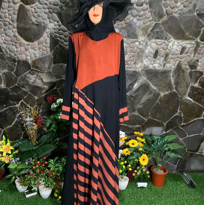 gamis garis hitam kombinasi orange