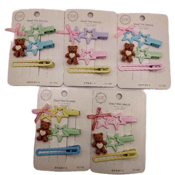 Meet the Beauty 3 Pcs Jepit Rambut Anak Bentuk Bintang dengan Dia Hiasi Boneka Bear dan Pita Lucu Wa