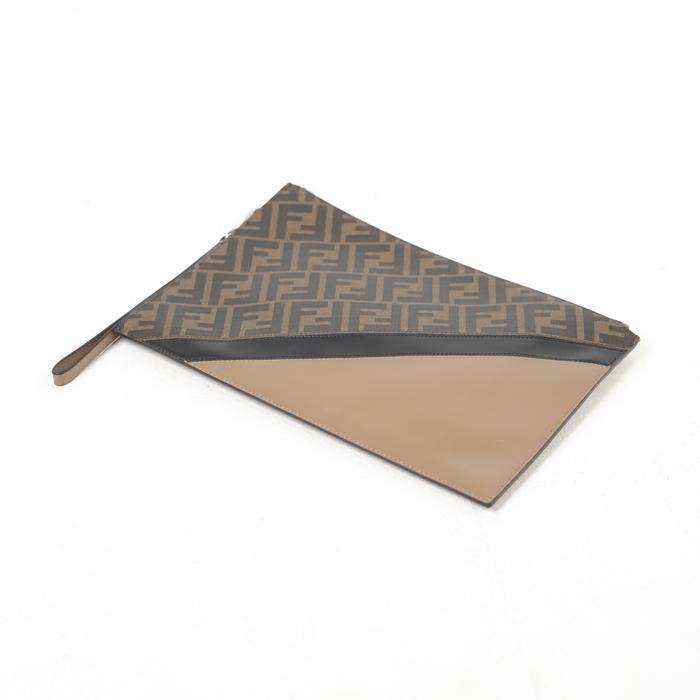 Tas FENDI FF DIAGONAL HALF BEIGE BROWN CLUTCH WITH HANDLE 100% ORIGINAL