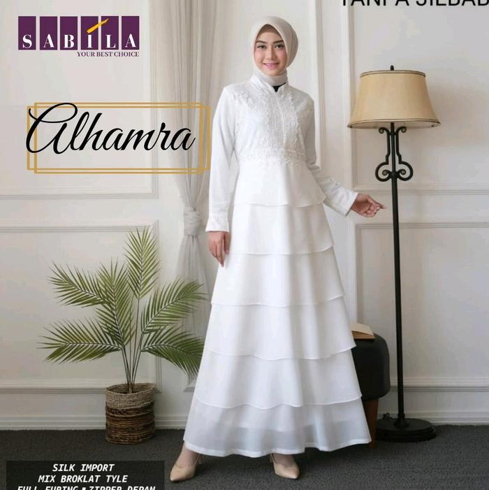 Alhamra Dress Maxy Gamis Putih Broklat Furing Silk By Sabila
