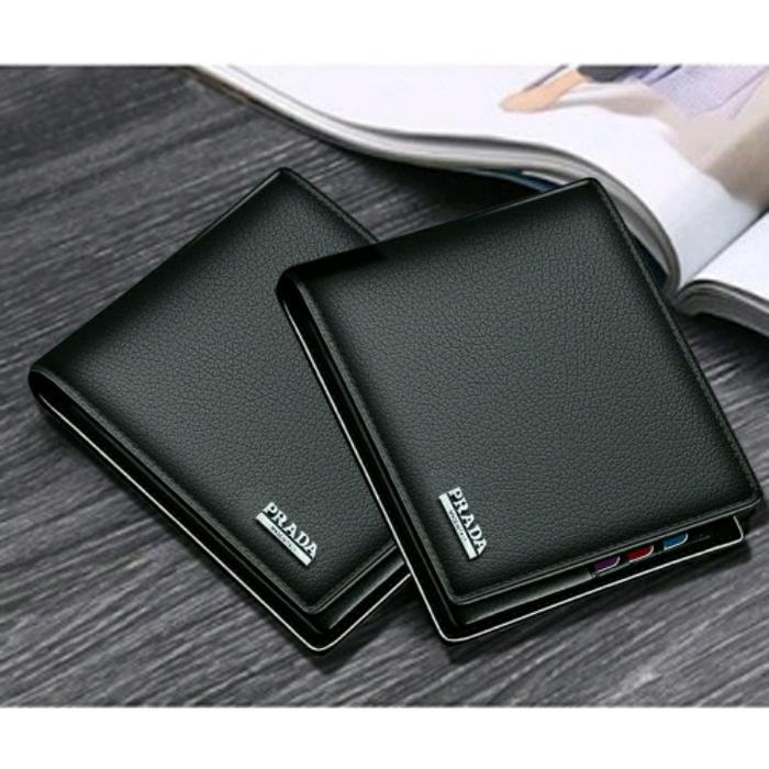 Dompet Pria Retro + BOX Dompet Kulit Sintetis Lipat Dua Prada Hitam