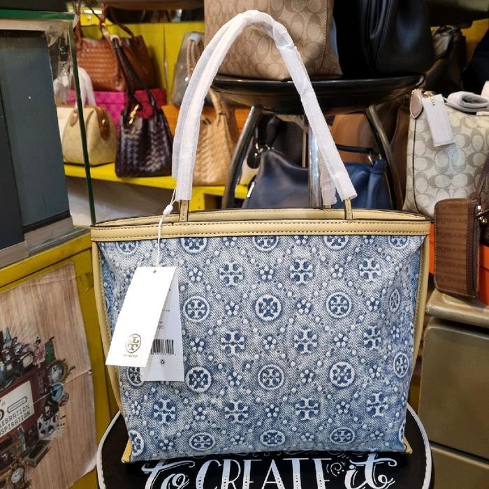 TORY BURCH Denim Small Tote Bag Tas Kulit Asli Wanita Shoulder