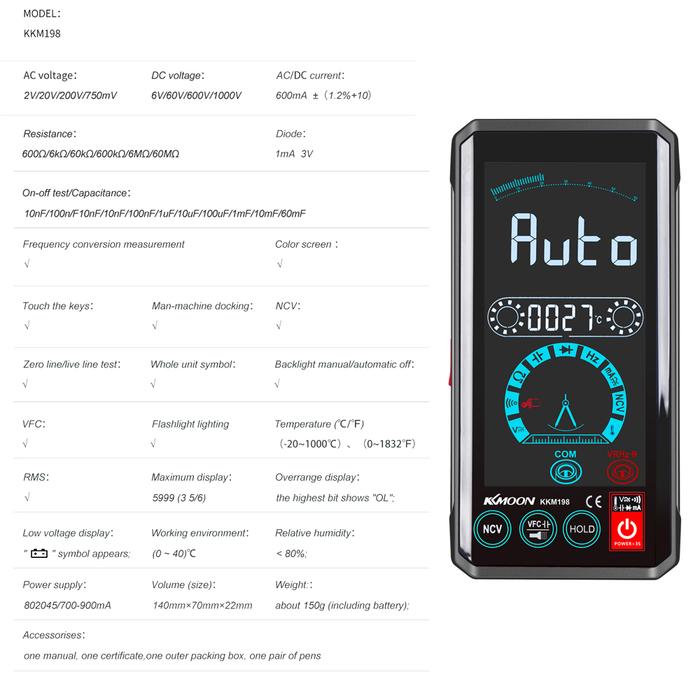 KKMOON KKM198 Smart Digital Multimeter 4.4 Inch Touching Screen VFC