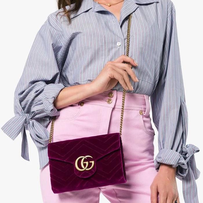 GUCCI GG MARMONT WALLET ON CHAIN WOC IN PURPLE PLUM VELVET GHW