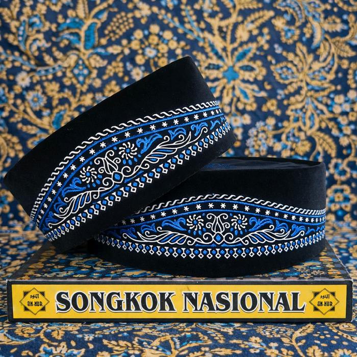 Peci Songkok Nasional Batik Biru Elegan Mewah Muslim Pria Anak Dewasa oleh-oleh Haji Umroh Kopiah Ha