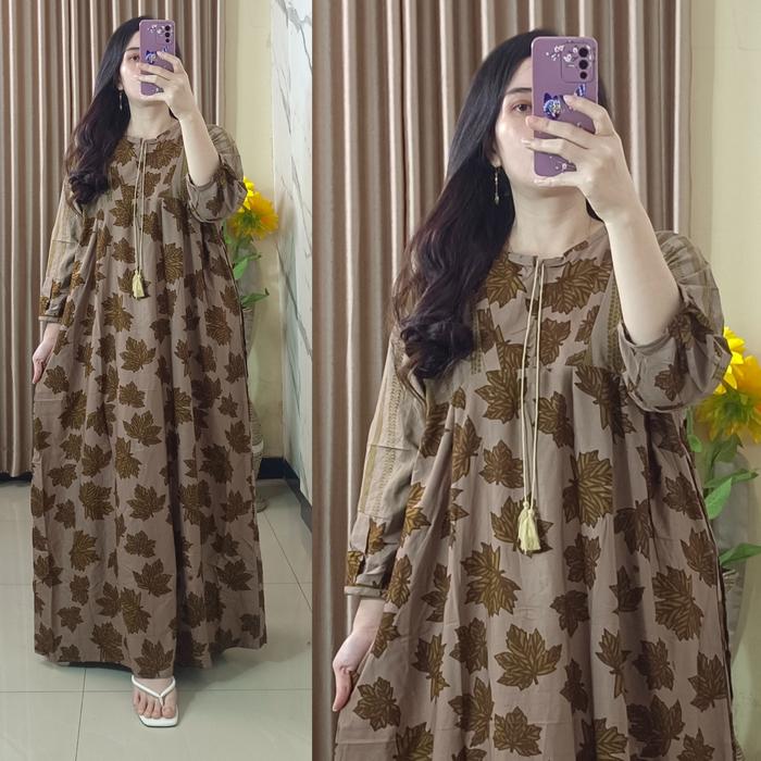 Baju Dress Batik Rayon Premium Busui Motif Casual Nyaman Santai Katun Lengan Balon 7/8 Cantik Kombin