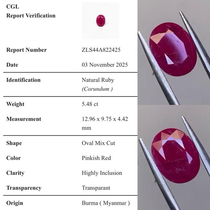 Natural pinkish red ruby burma