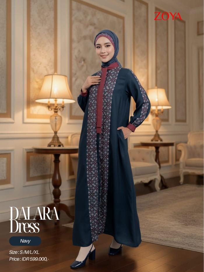 ZOYA Dalara Dress Navy - Baju Dress Gamis Muslim Wanita Wudhu Friendly Bahan Polly Textured