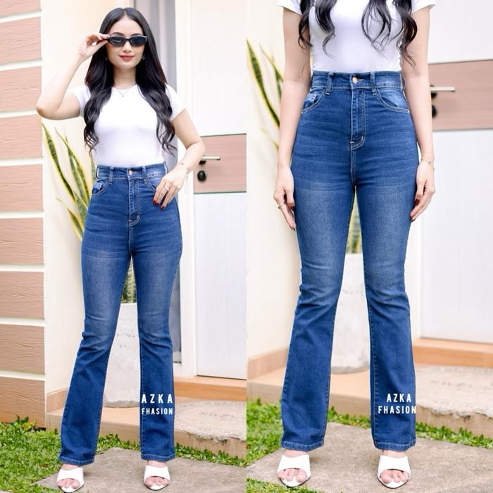 Azka - Celana Jeans Cutbray Highwaist LALISA CKY Panjang Wanita Kekinian