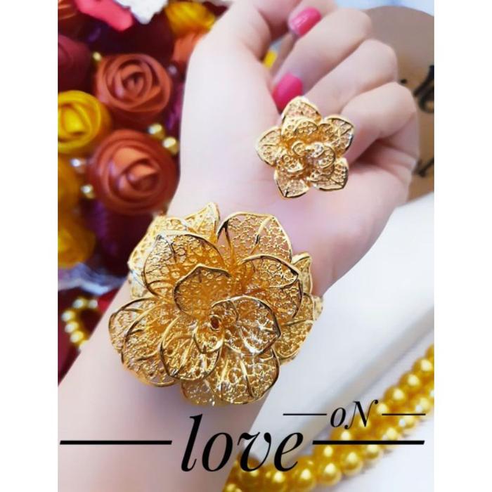 > Set Perhiasan Lapis Emas Xuping Gelang Cincin Bunga Mawar Rose Flower Besar Gold Titanium RR