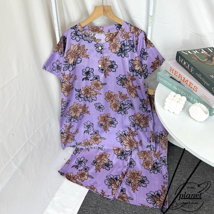 BAJU TIDUR WAN ONE SET SETELAN WANITA MOTIF BUNGA PIYAMA RAYON CELANA PENDEK LENGAN PENDEK BAHAN ADE