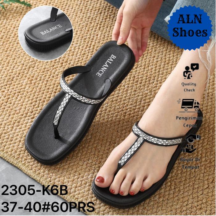 Sandal Flat Jepit Wanita Balance Motif Tali Berlian Modis 2305-K6B