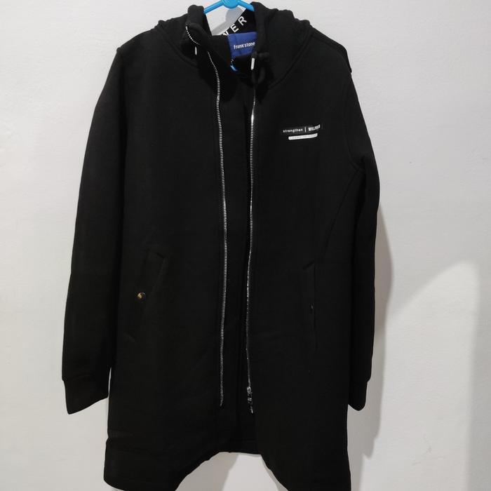 Frank Stone Hoodie Zipper Long Coat Pria Size M Jaket Hitam dengan Resleting Depan