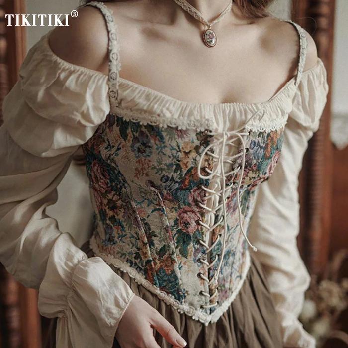Cute Vintage Floral Jacquard Corset Embroidery Bustier Top Retro Fishbone Lace Up Corset Renaissance
