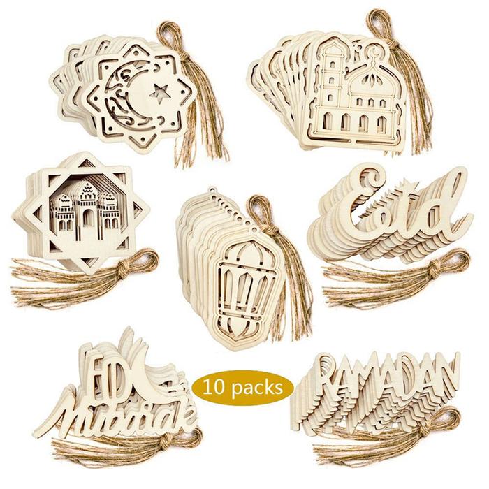10PCS Ramadan Wooden Hang Tags Pendant Eid Mubarak Decoration Home