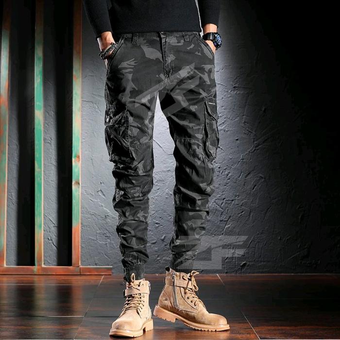 Celana Cargo Loreng Celana jogger pria wanita katun twill