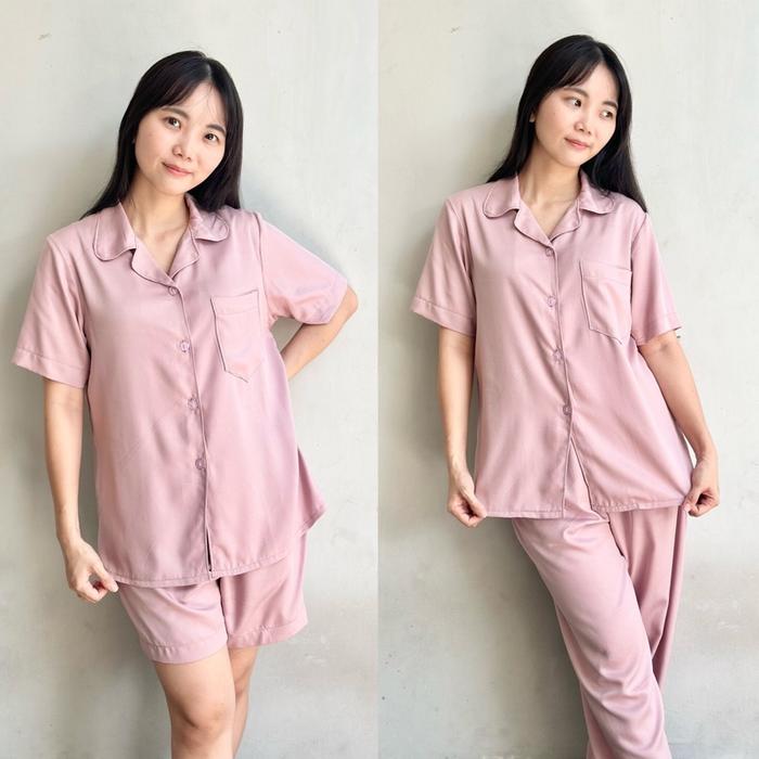 (SIZE S-XXL) Setelan Baju Tidur Piyama Wanita RAYON PREMIUM Polos Pink