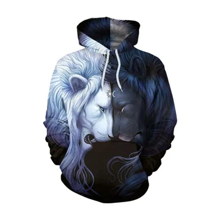 Hoodie Unisex Warna Hitam Motif Singa Dua Warna dengan Tudung dan Tali Serut