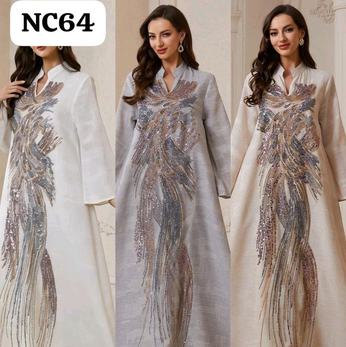 NC64 Gamis Dubai Mewah Premium dengan warna  Abu, cream, dan putih Jalabiya Abaya Elegan Modis untuk