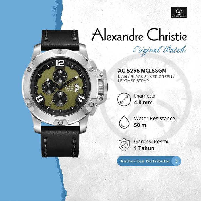 Jam Tangan Pria Alexandre Christie AC 6295 Original Strap Leather - Black Silver Green Quartz Watche