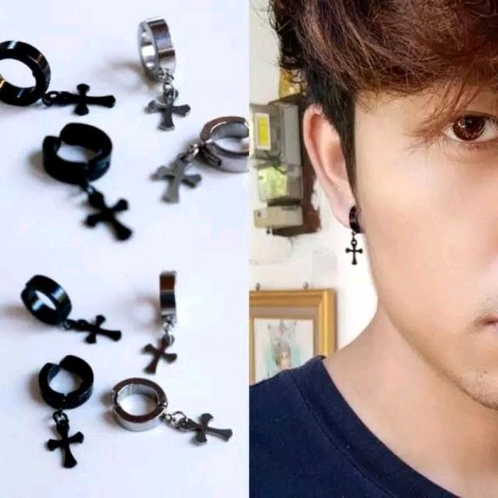 anting jepit model salib kualitas premium pria & wanita Titanium Stainless Earrings Hitam anting mag