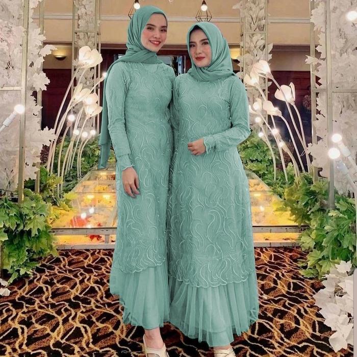 Gamis Genta Mint L Dress Pesta Brukat Tile Cantik Murah Gera At