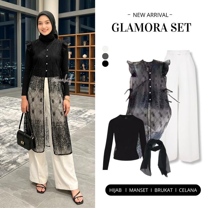 Glamora Lace One Set Brukat Lengkap Celana Kulot Putih Manset Hitam Hijab Segiempat Setelan Kondanga