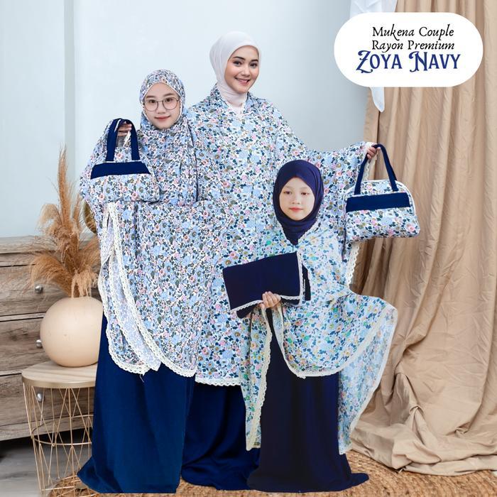 ORIGINAL Mukena Couple Rayon Premium Renda Motif Zoya Navy - Mukenah Cantik READY STOCK