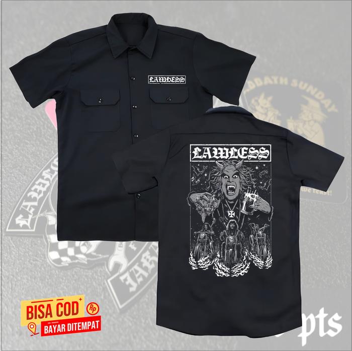 KEMEJA Workshit LAWLESS JAKARTA HITAM DISTRO / kaos music / kaos event / Workshit Lawless Jakarta Hi