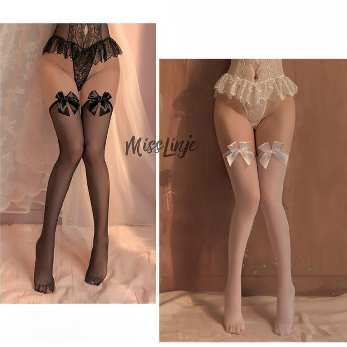 Stocking Stoking Sepaha Sexy Transparan Pita Cantik Hitam Putih