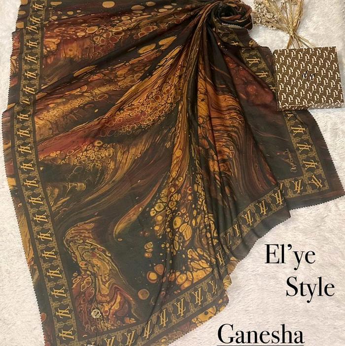 by hijab elye segi empat motif terbaru  wrn coklat kombinasi kuning kunyit Wanita Muslim