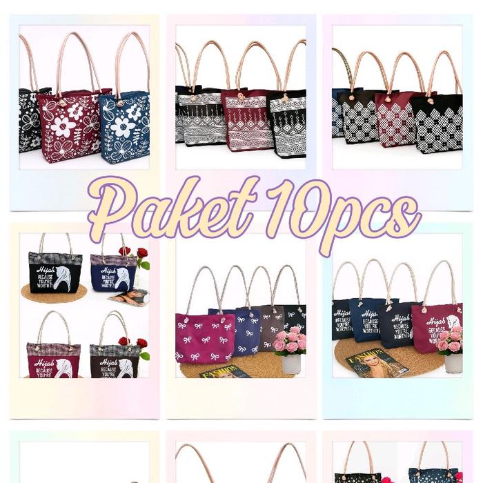 Muntija, totebag kekinian paket 10pcs, paket usaha tas bahu wanita tali sumbu motif tote bags