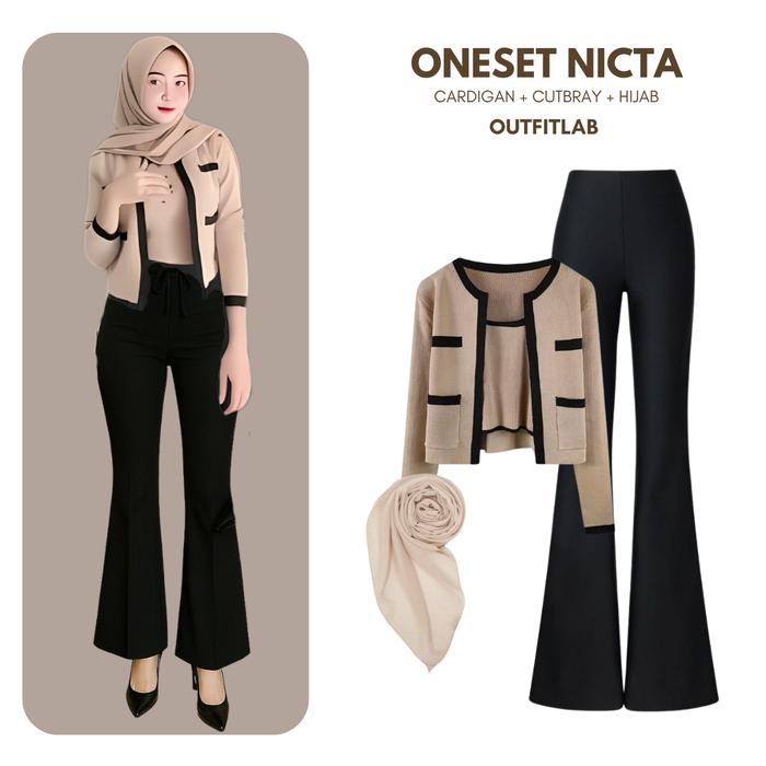 Outfit Set Nicta Setelan Wanita Kuliah ( Cardigan Rajut + Tanktop + Cutbray + Hijab Bella Square Pre