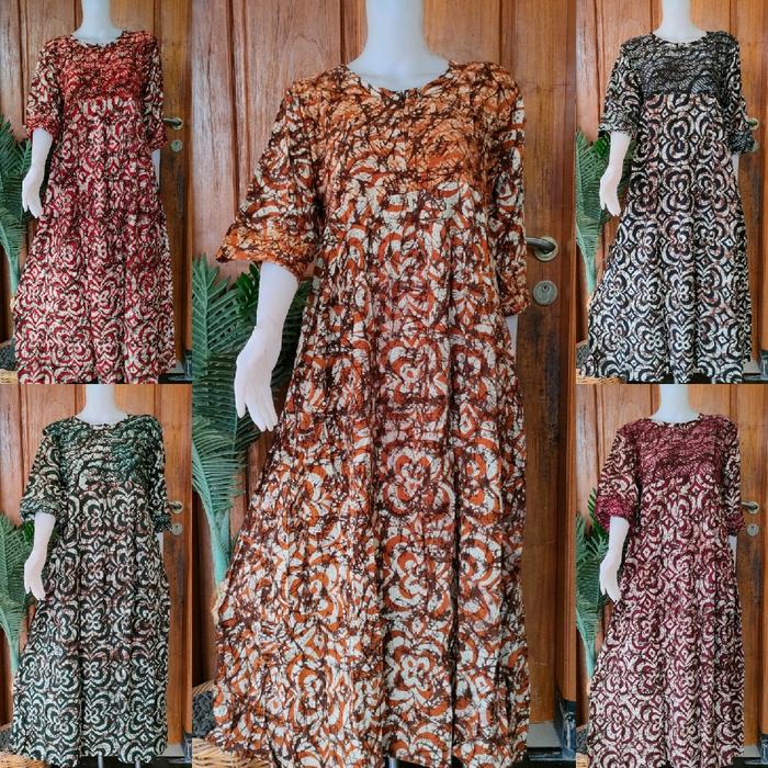 Batik Putri Diana-Sekdres Messa Daster Panjang Kekinian Tangan 7/8 Tali Pinggang Size XL